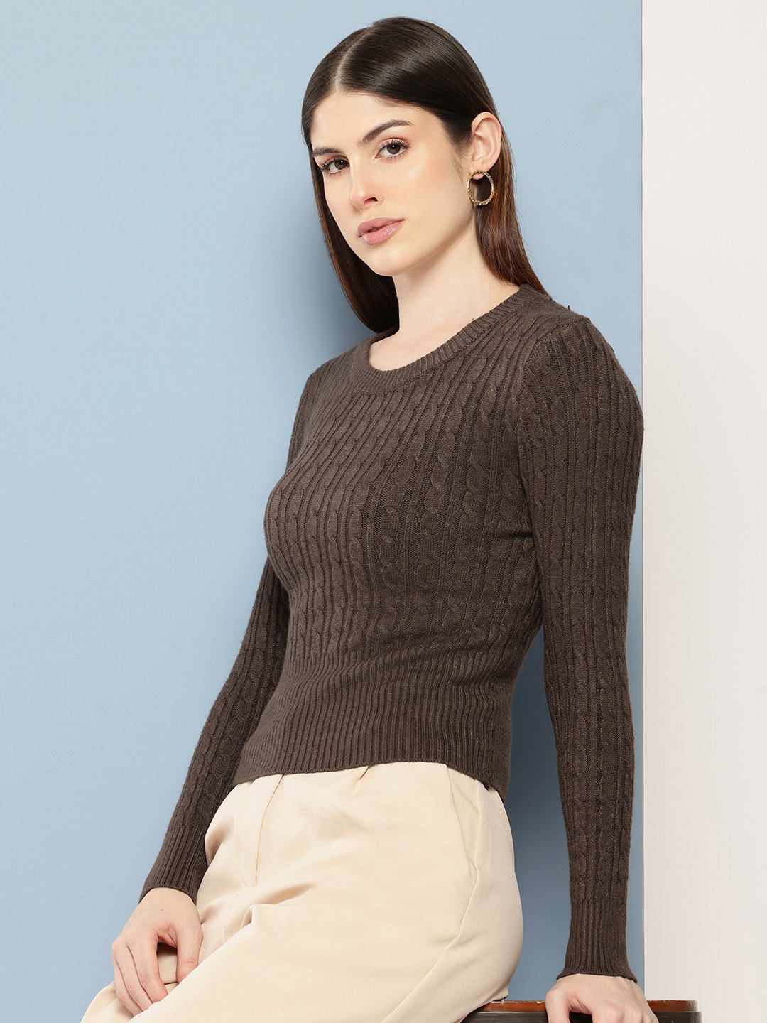 

Chemistry Cable Knit Woollen Crop Pullover, Taupe