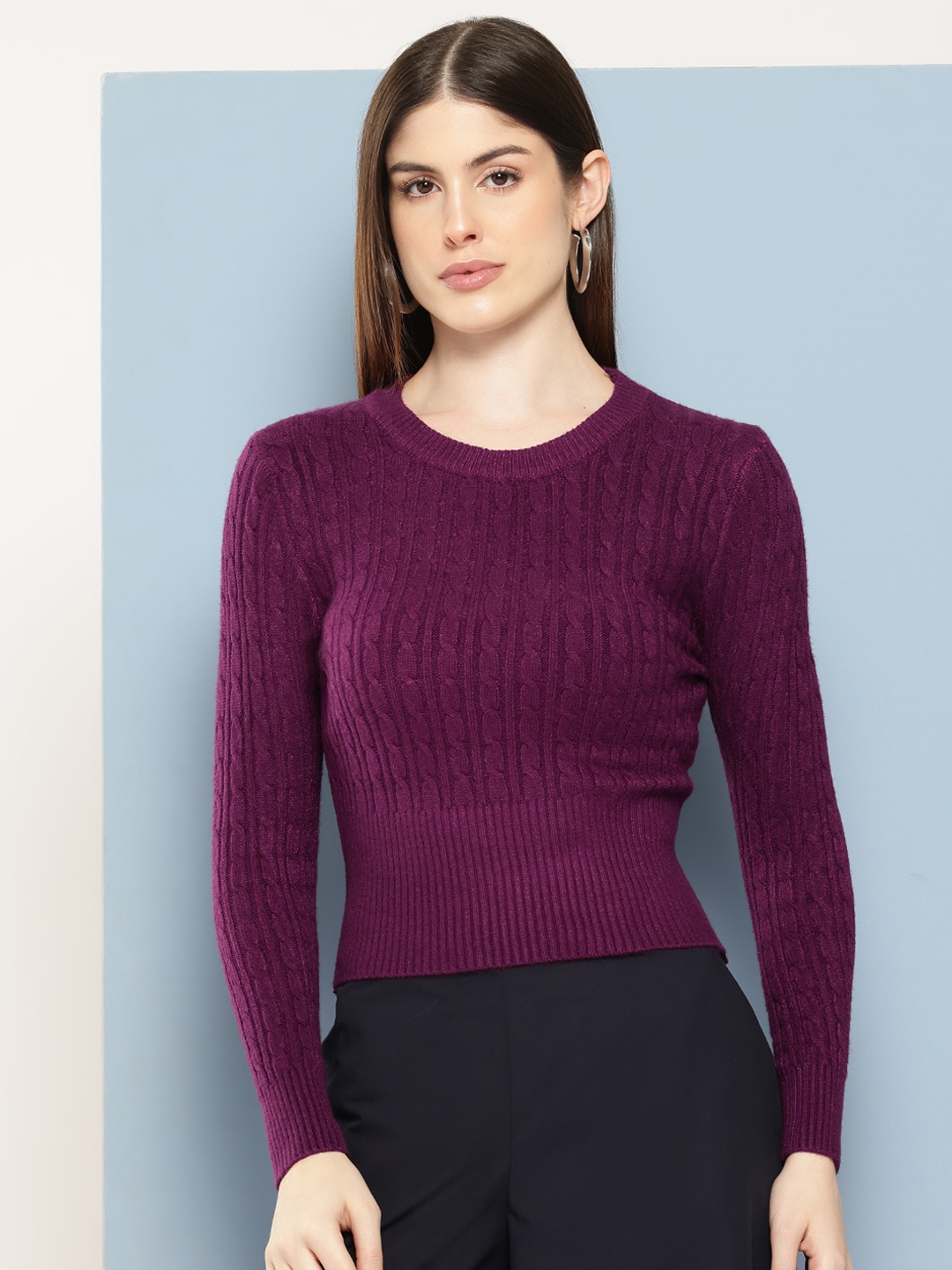 

Chemistry Cable Knit Woollen Crop Pullover, Burgundy