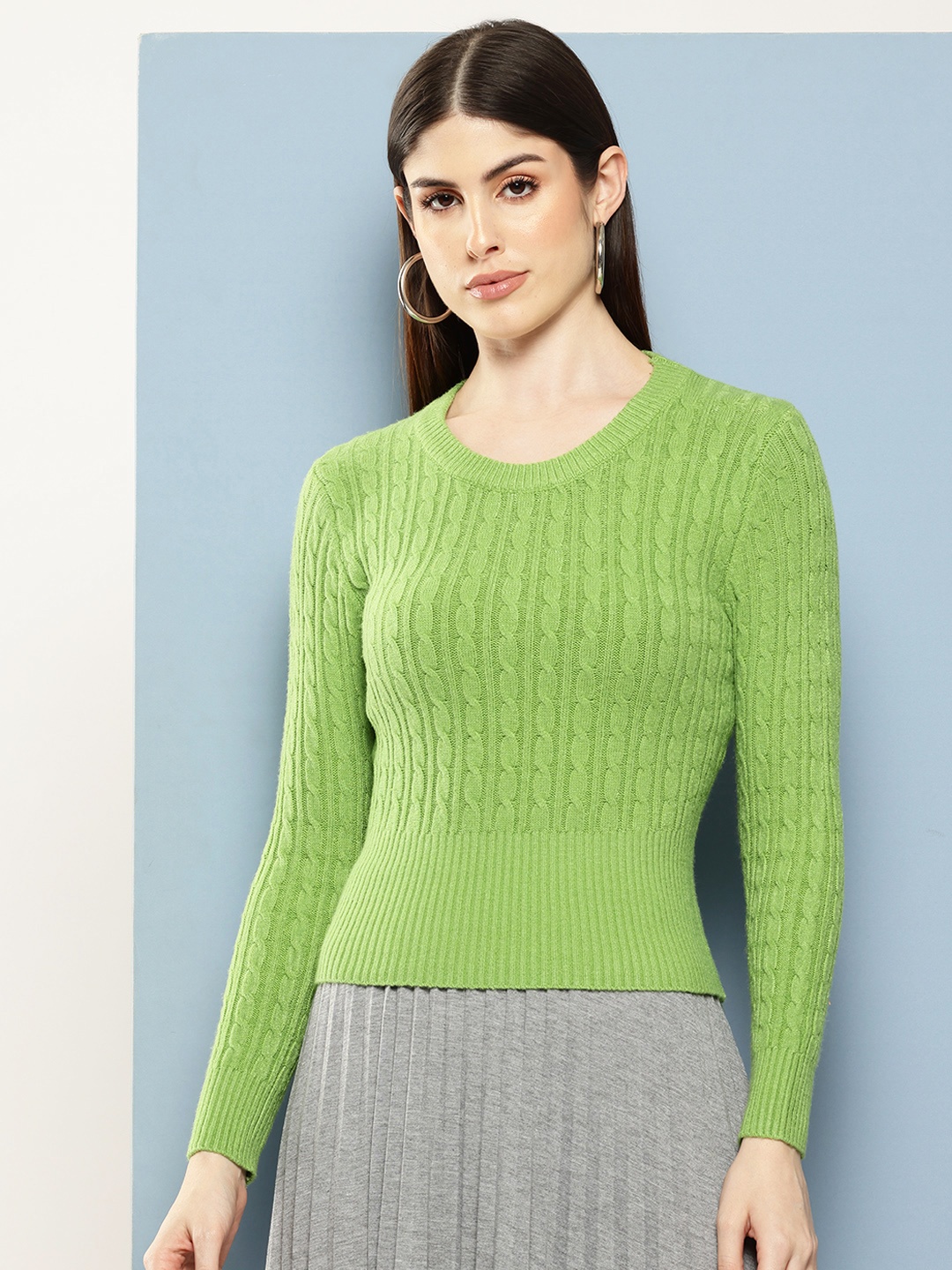 

Chemistry Women Cable Knit Woollen Fitted Pullover, Green