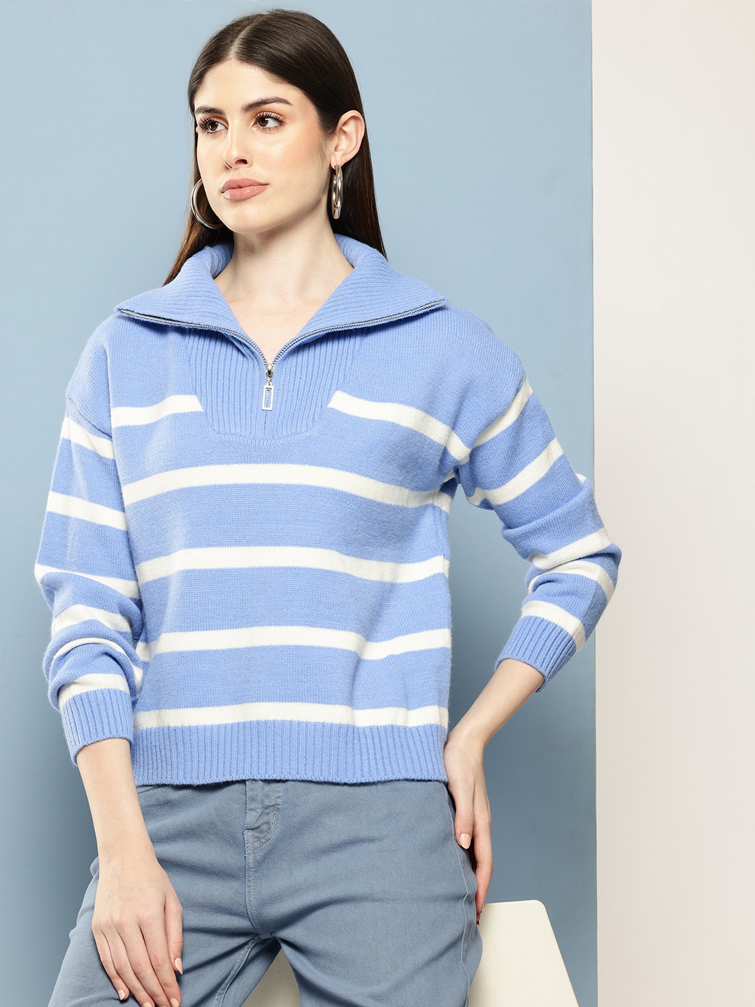

Chemistry Women Striped Woollen Pullover, Blue