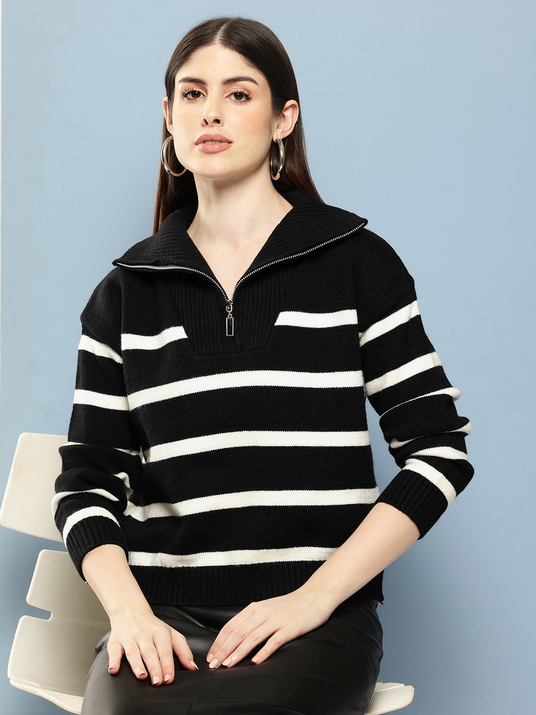 

Chemistry Women Striped Woollen Pullover, Black