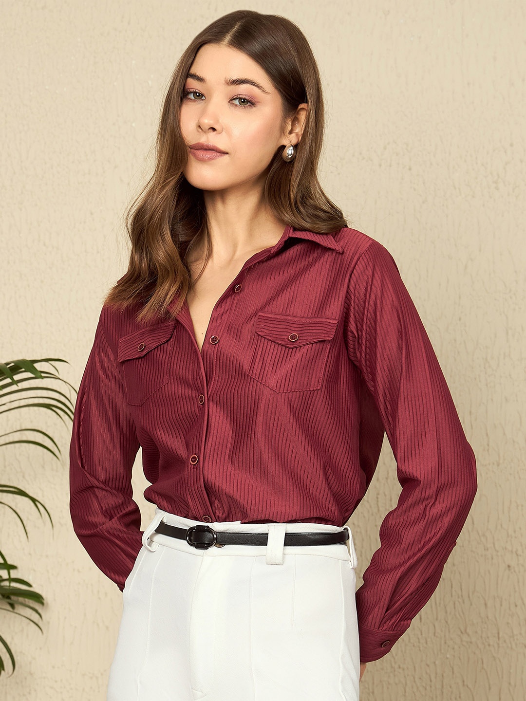 

The Roadster Lifestyle Co. Women Spread Collar Textured Silk Casual Shirt, Maroon