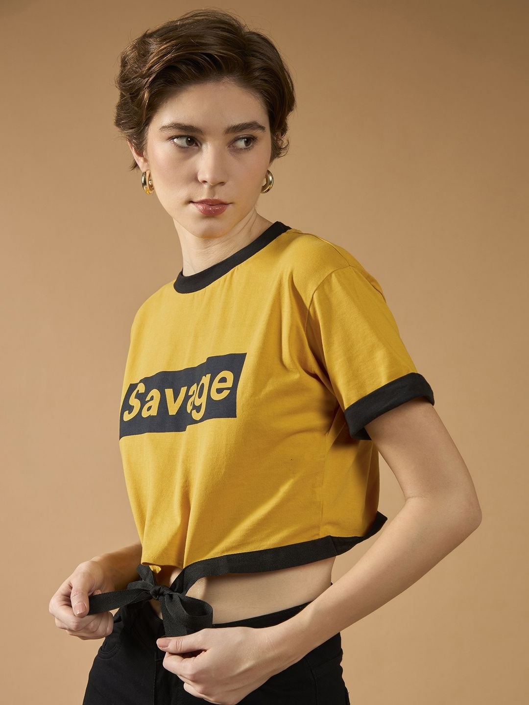 

DOLCE CRUDO Women Typography Printed Pockets Slim Fit T-shirt, Yellow