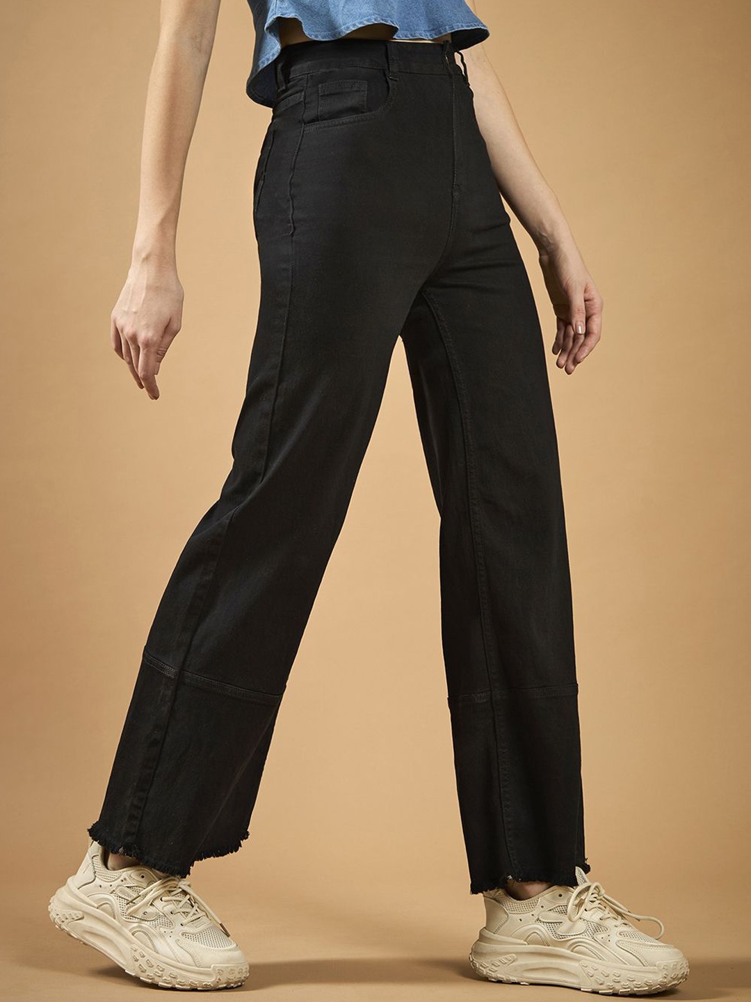 

DOLCE CRUDO Women Wide Leg High-Rise Stretchable Jeans, Black