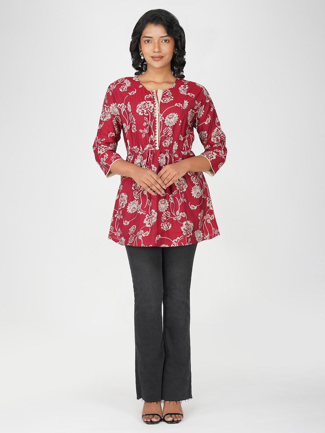 

Bindigasm Women Floral Print Ethnic Peplum Longline Top, Maroon