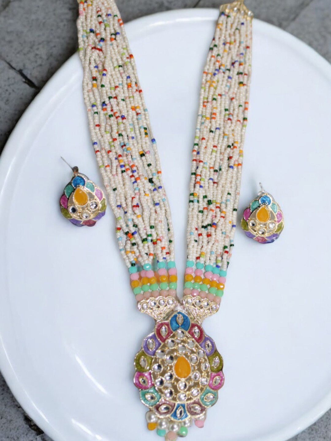 

Jolly Faces Stone-Studded & Beaded Necklace and Earrings, White