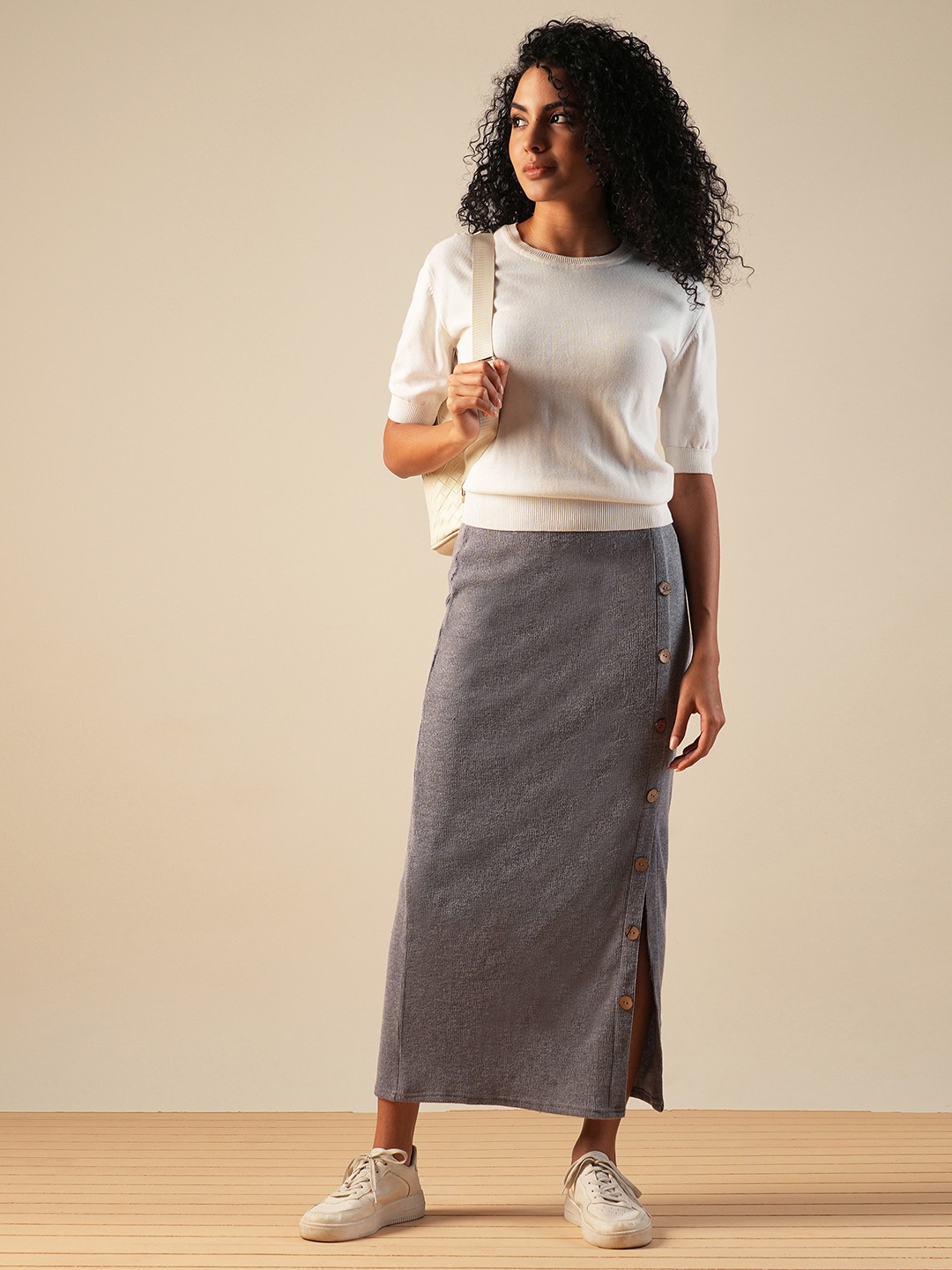 

Globus Self Design Button Detail Mid-Rise Side Slit Midi Pencil Skirt, Grey