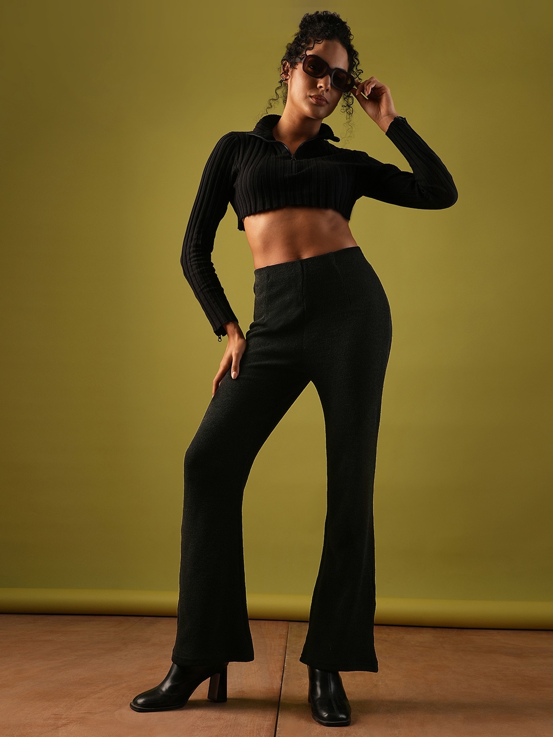 

Globus Self Design High-Rise Flared Party Treggings, Black