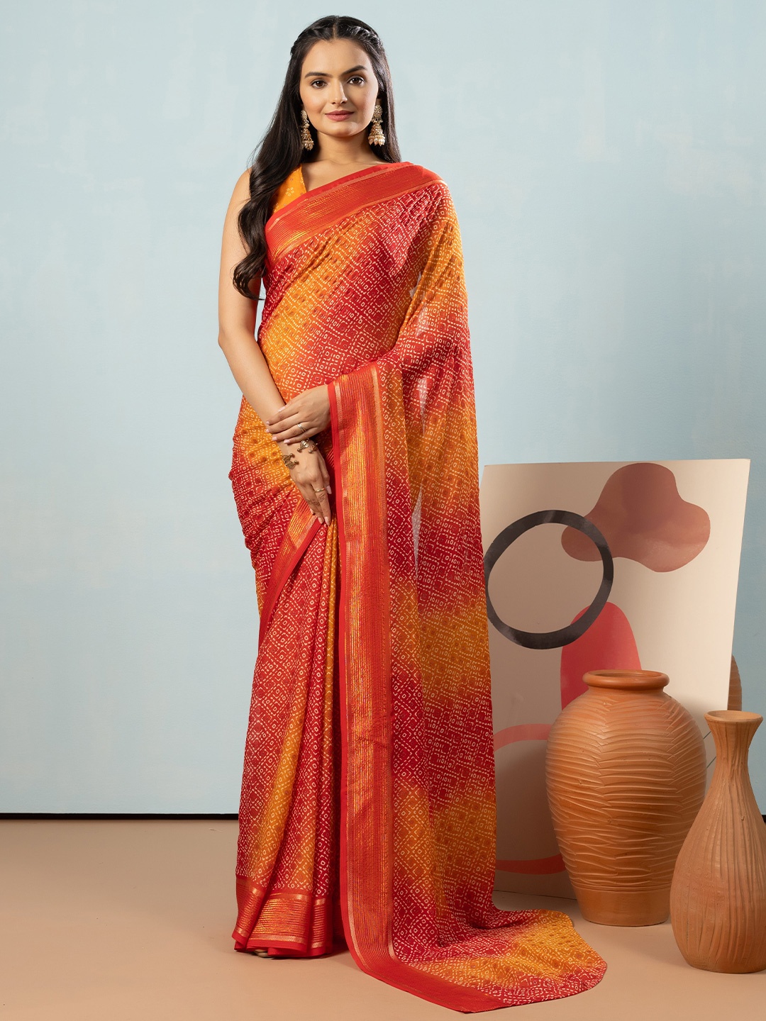 

RACHNA Bandhani Printed Ready to Wear Saree, Red