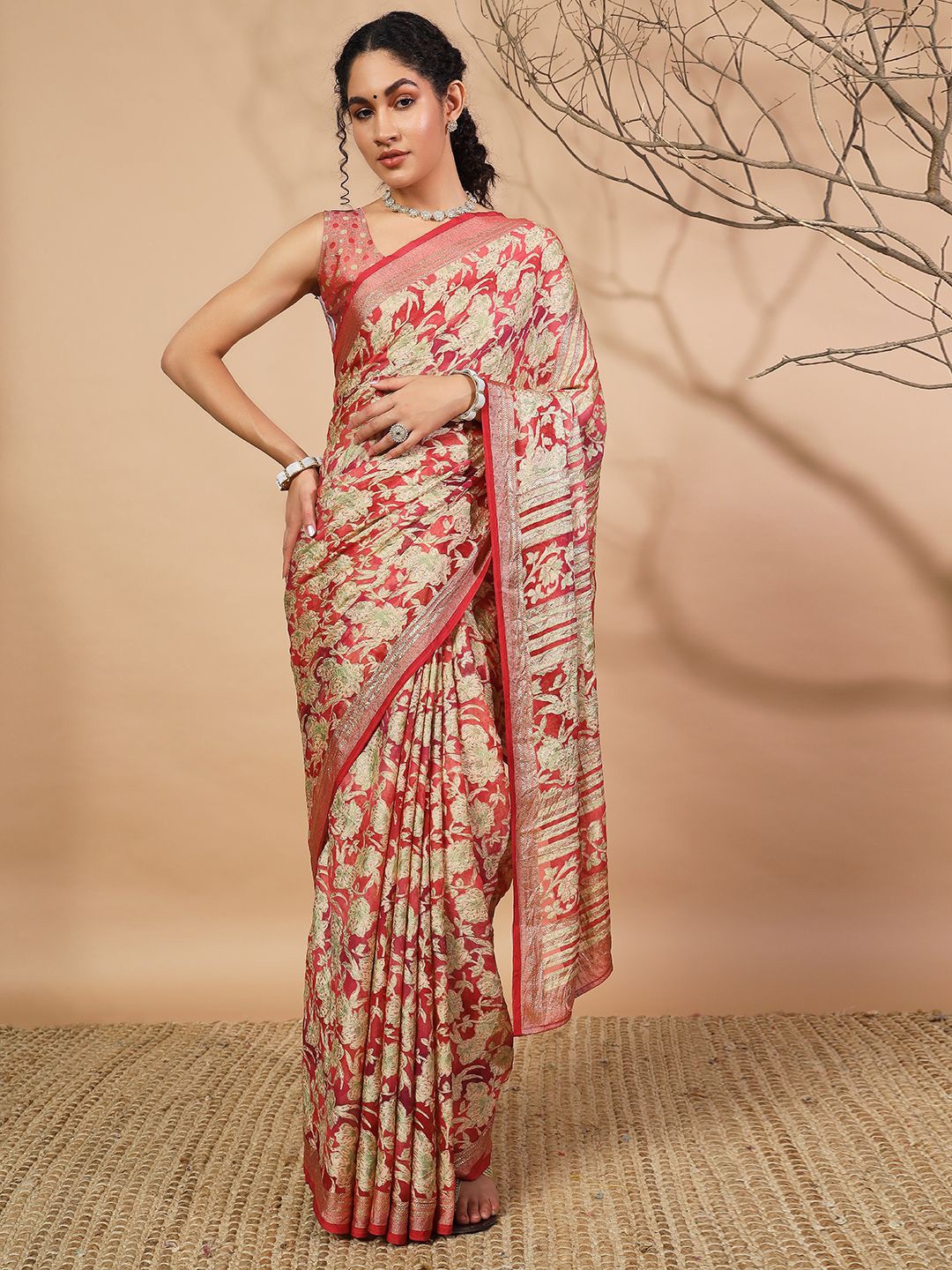

RACHNA Floral Brasso Ready to Wear Saree, Pink