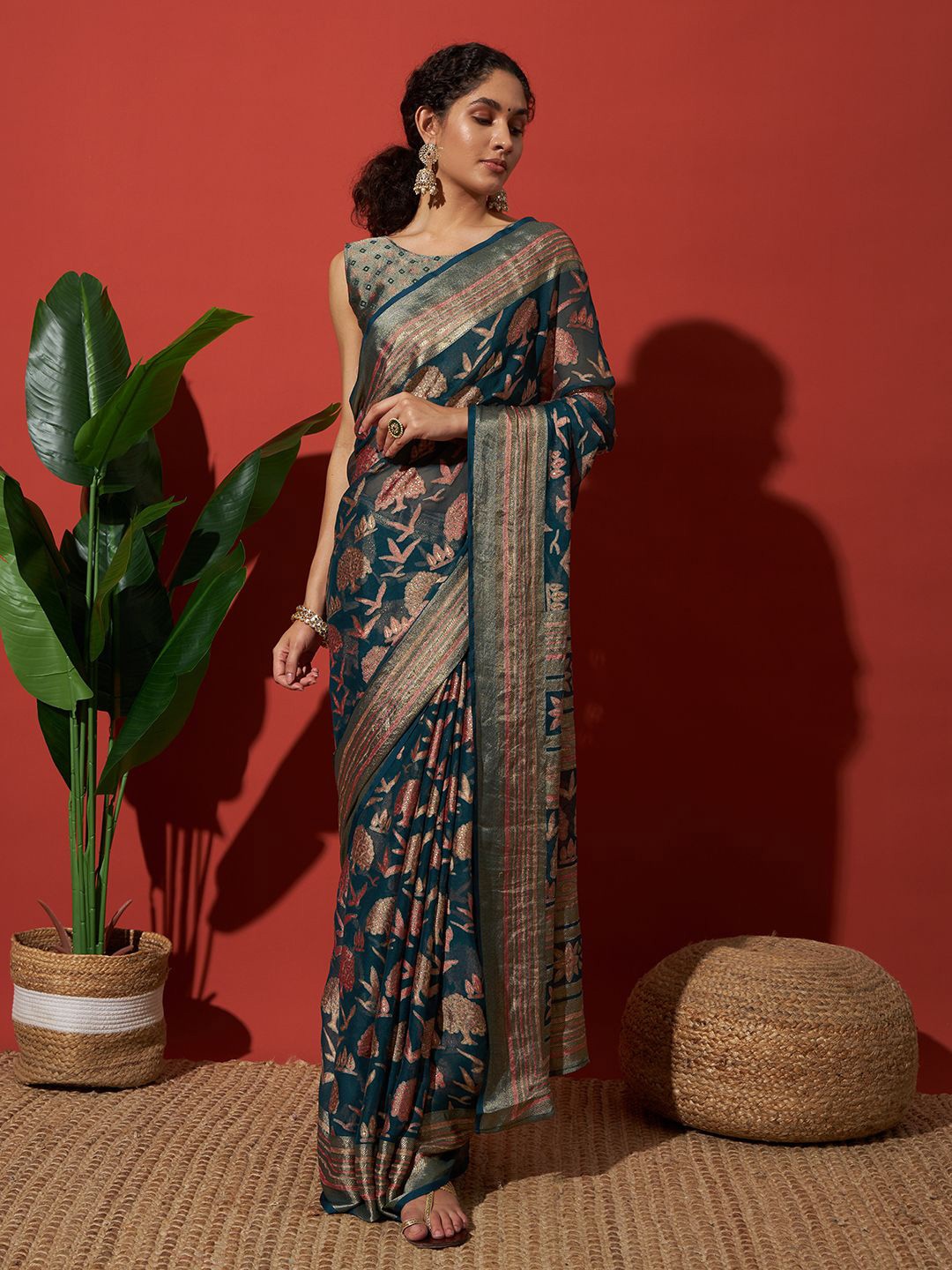 

RACHNA Floral Zari Brasso Ready to Wear Saree, Teal