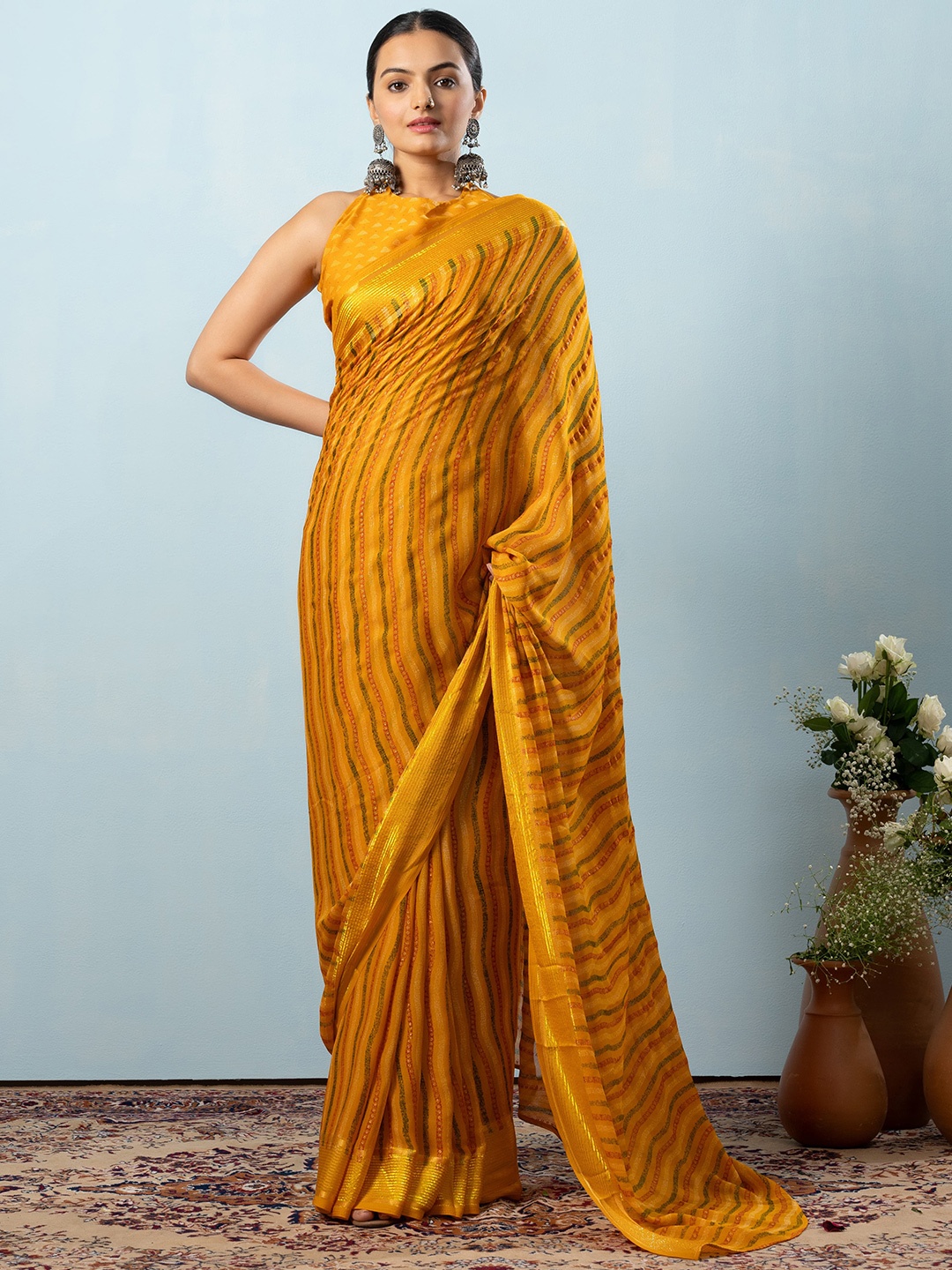 

RACHNA Leheriya Zari Ready to Wear Saree, Yellow