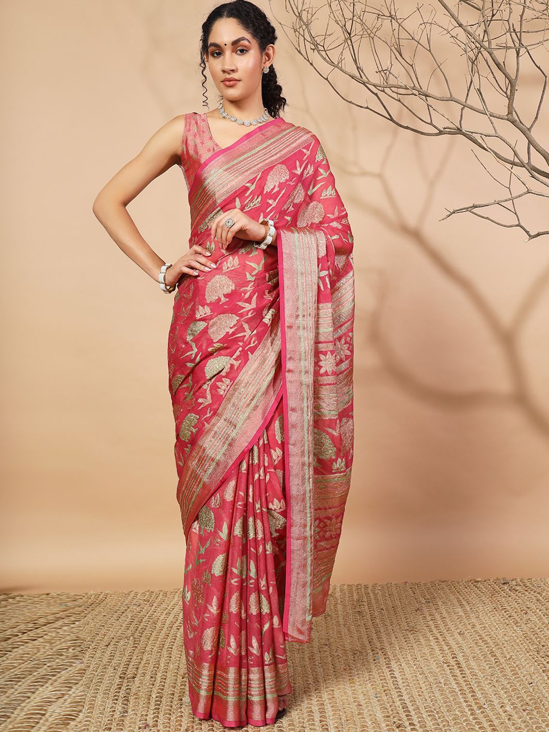 

RACHNA Floral Brasso Ready to Wear Saree, Pink