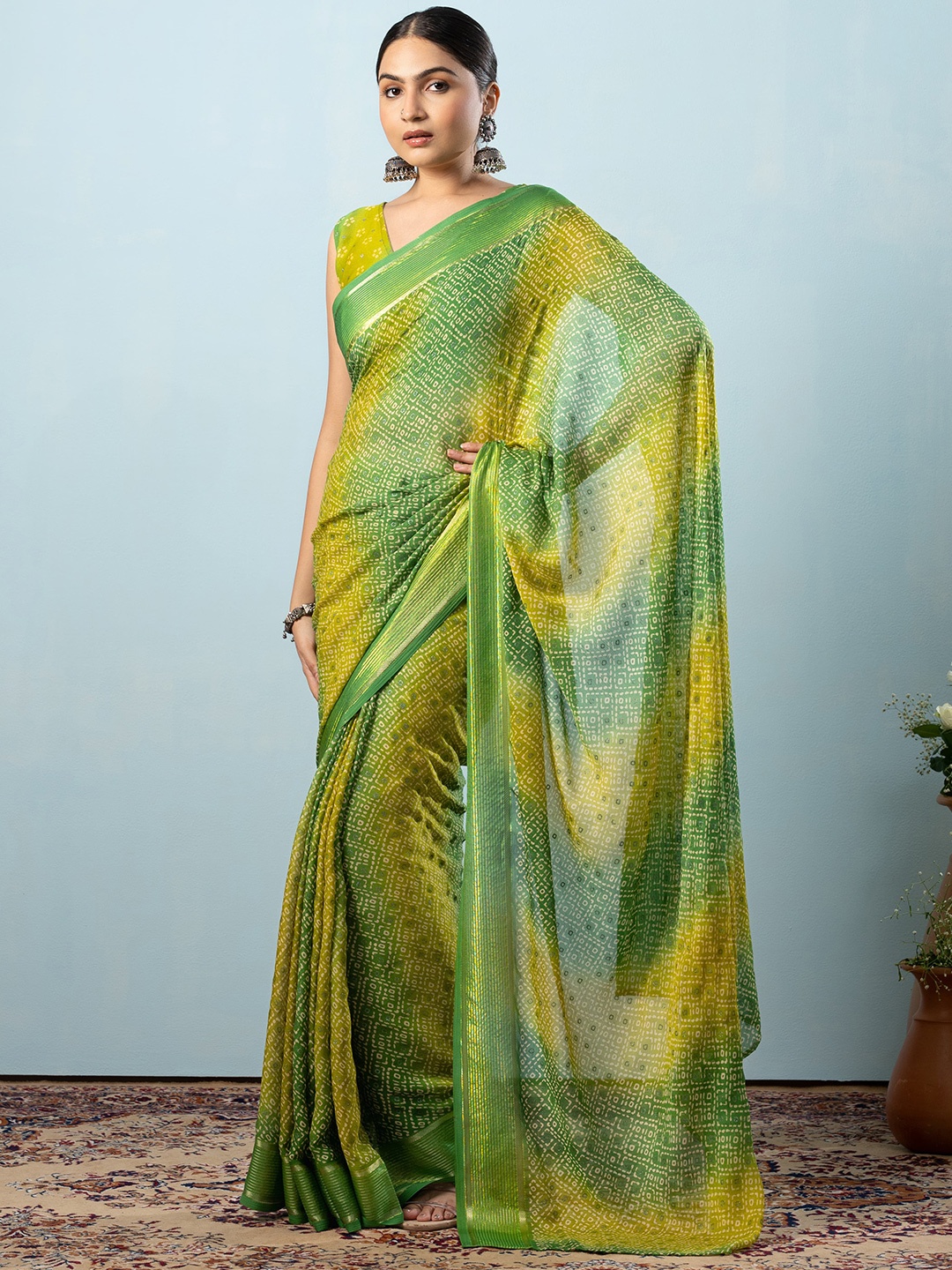 

RACHNA Bandhani Ready to Wear Saree, Green