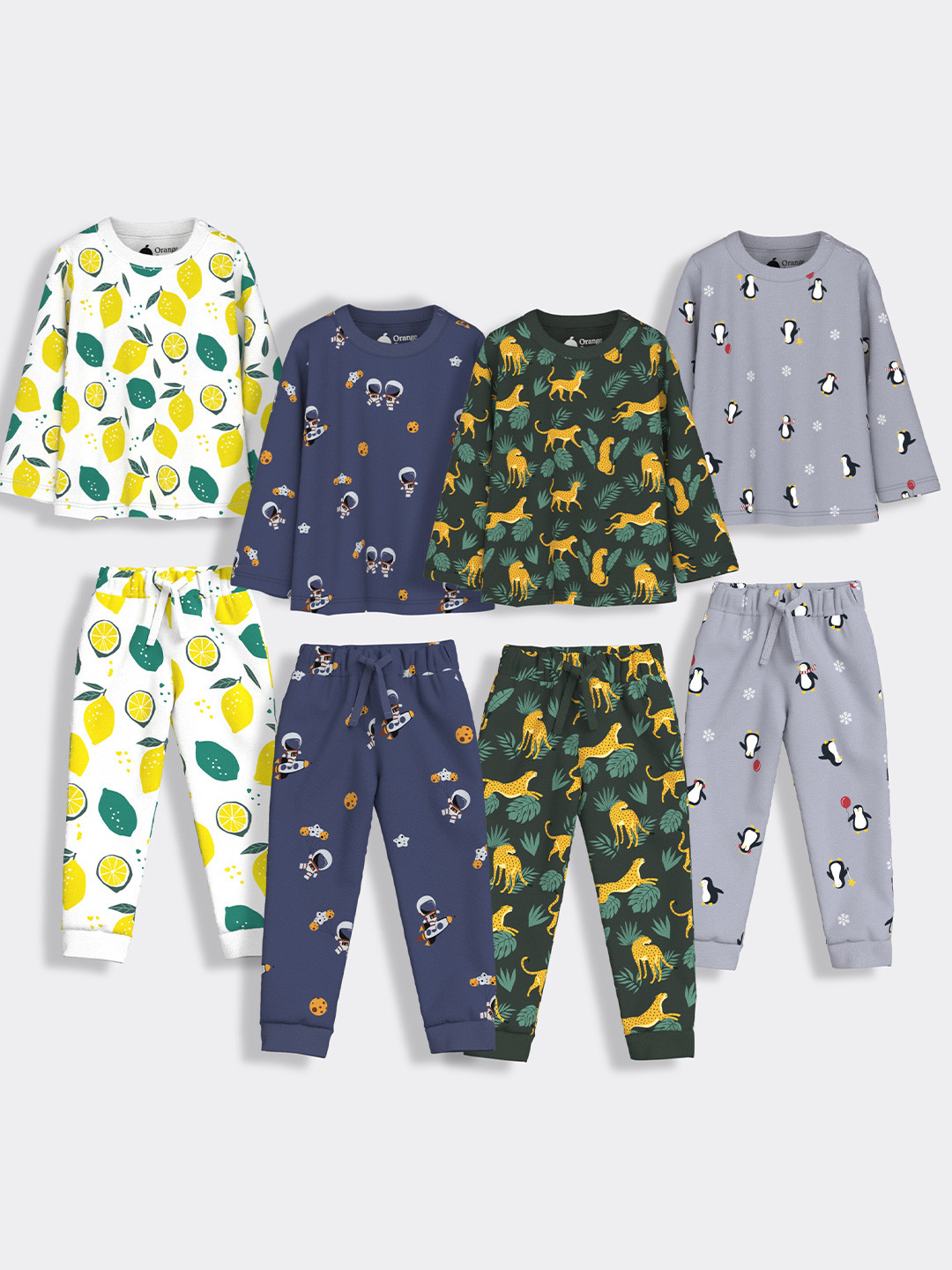 

Orange Sugar Kids Pack Of 4 Conversational Printed Pure Cotton T-shirt With Joggers, Yellow