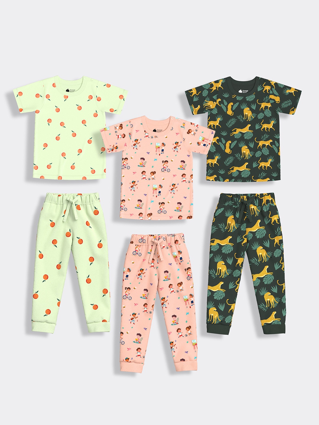 

Orange Sugar Kids Pack Of 3 Printed Pure Cotton T-shirt with Pyjamas, Green