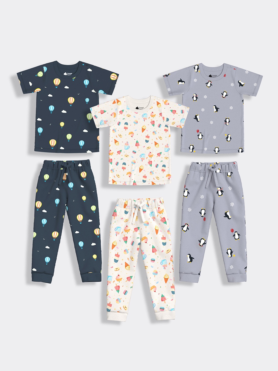 

Orange Sugar Unisex Kids Pack of 3 Printed Pure Cotton T-shirt with Pyjamas, White