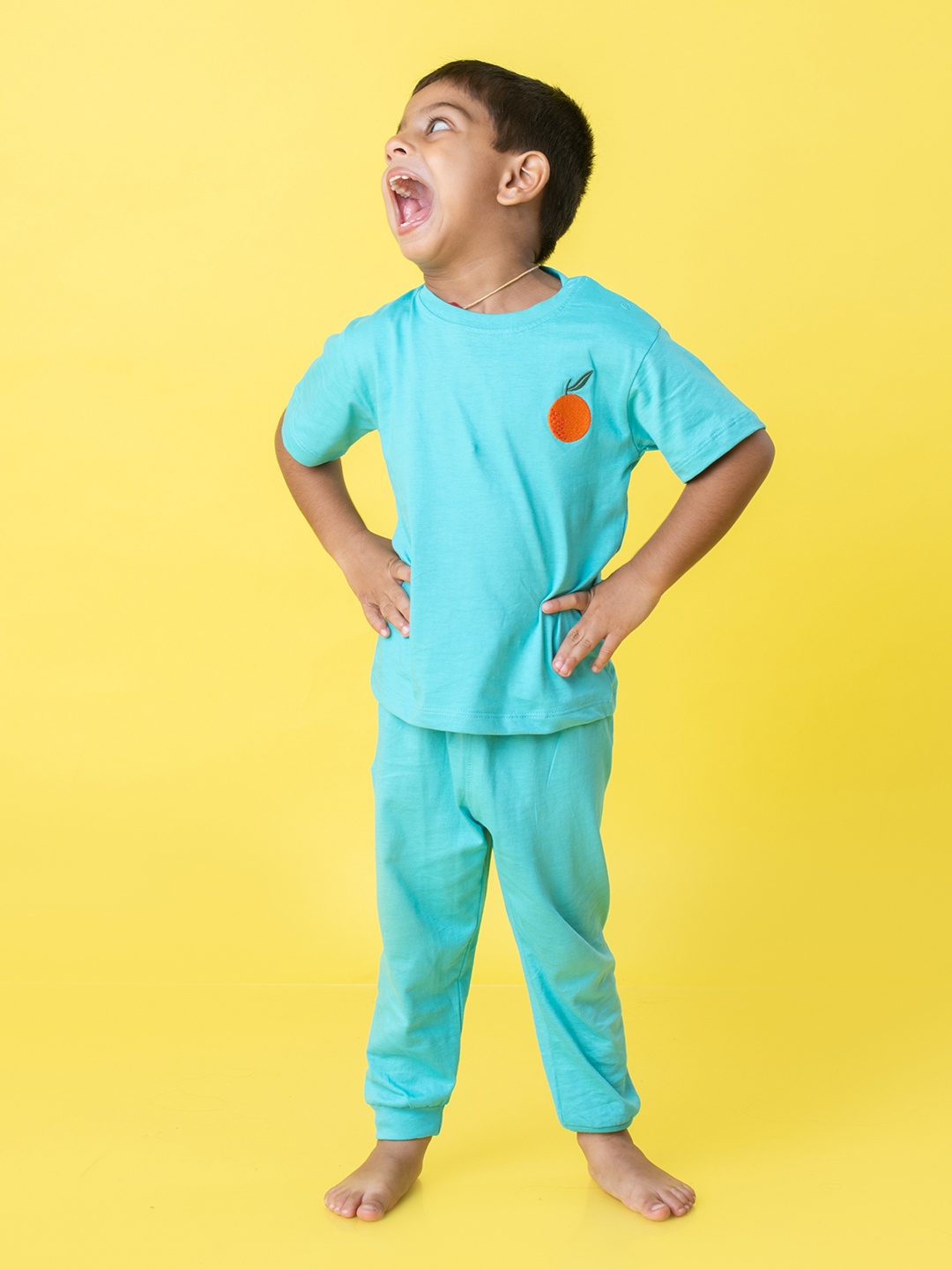 

Orange Sugar Kids Aqua Orange Printed Pure Cotton T-shirt With Pyjama, Turquoise blue