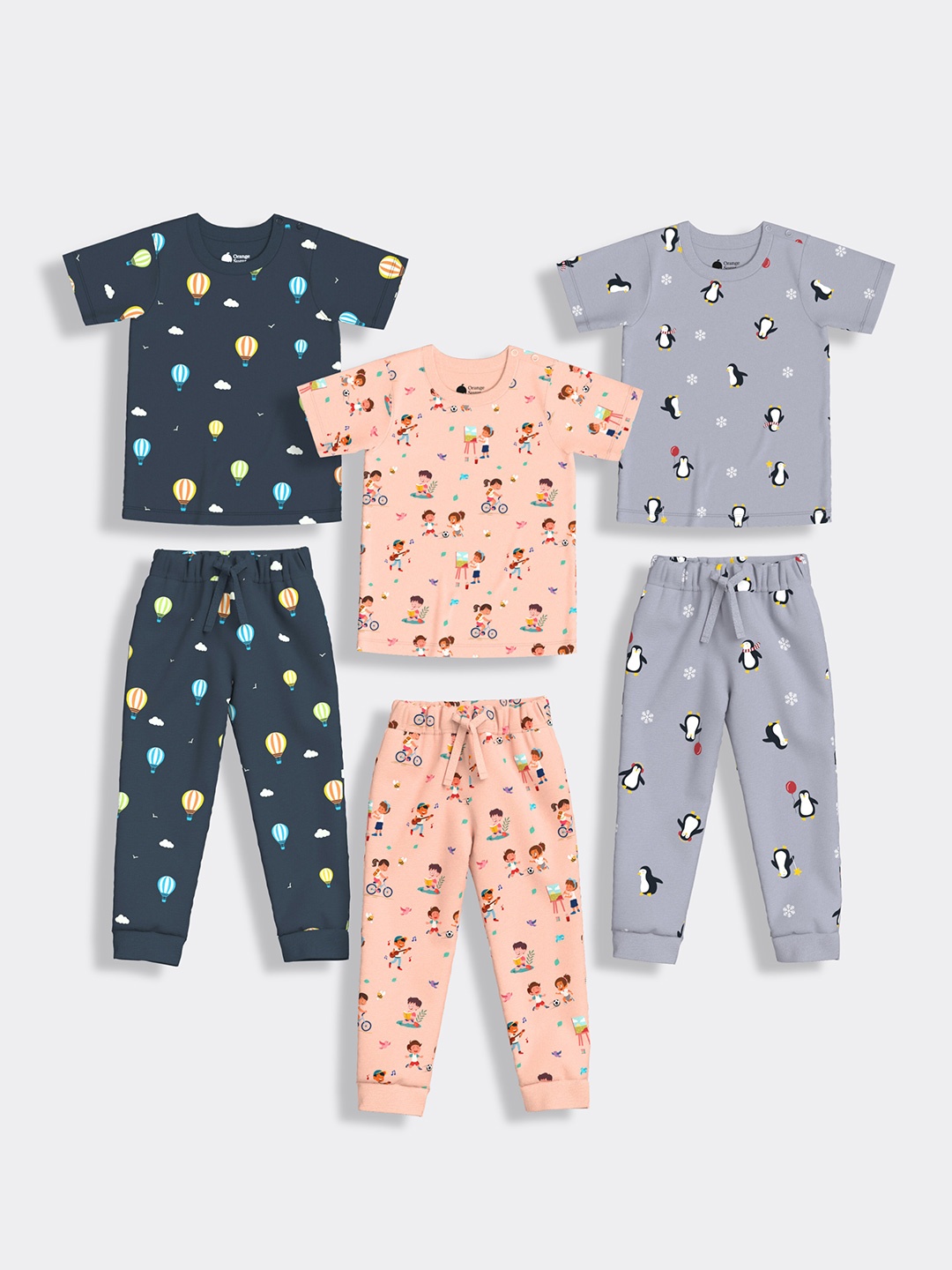 

Orange Sugar Kids Pack Of 3 Conversational Printed Pure Cotton T-shirt With Joggers, Peach