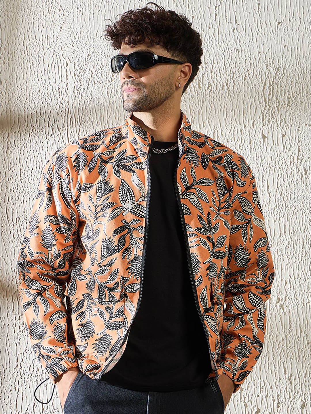 

FUGAZEE Men Mock Collar Floral Printed Casual Bomber Jacket, Orange