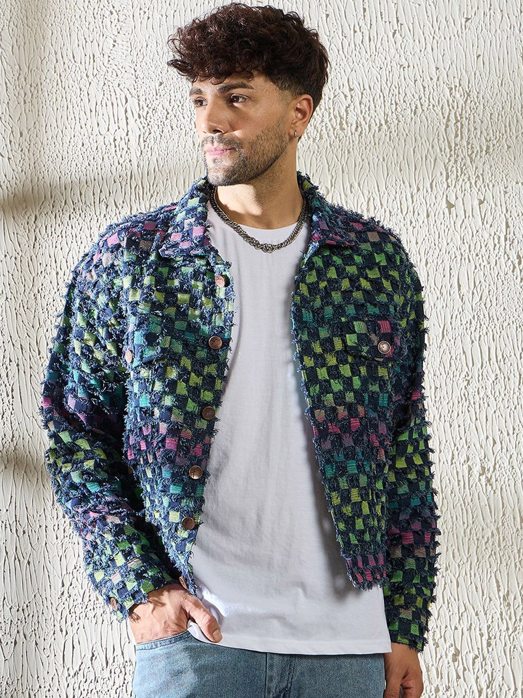 

FUGAZEE Men Spread Collar Self Design Cotton Casual Denim Jacket, Blue