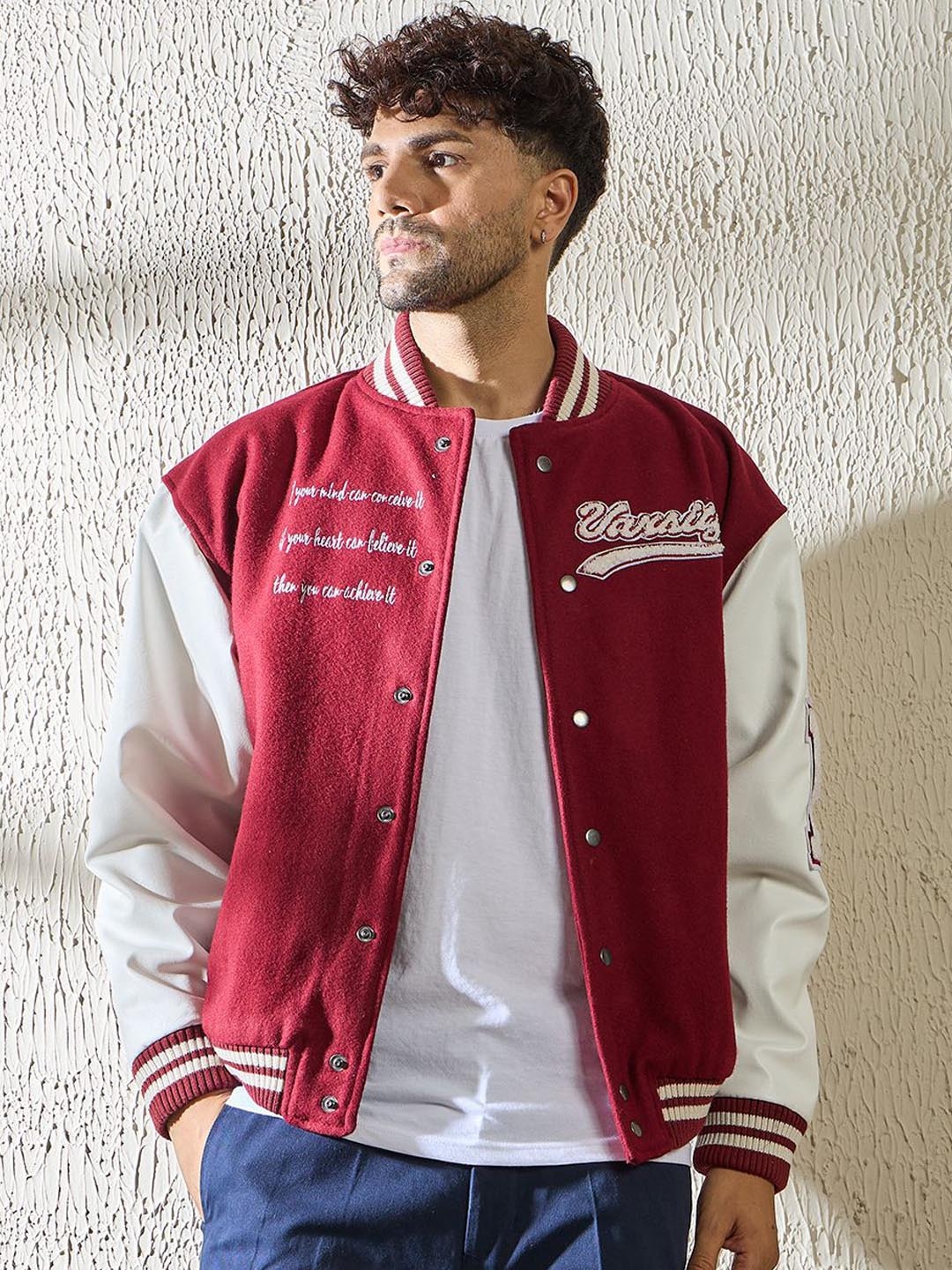 

FUGAZEE Men Stand Collar Typography Printed Woollen Casual Varsity Jacket, Maroon