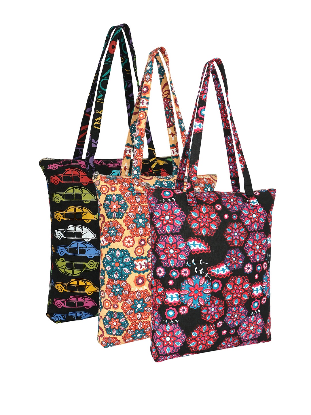 

Anekaant Unisex Floral Printed Structured Cotton Tote Bags, Black