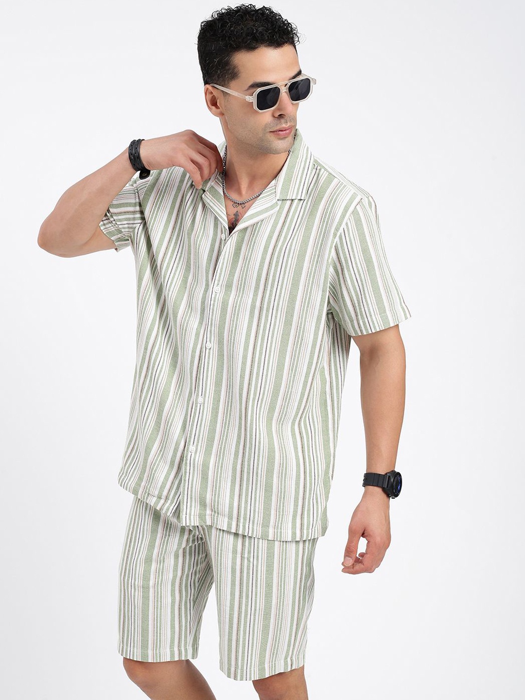 

SHOWOFF Striped Shirt With Shorts Co-Ords, Green