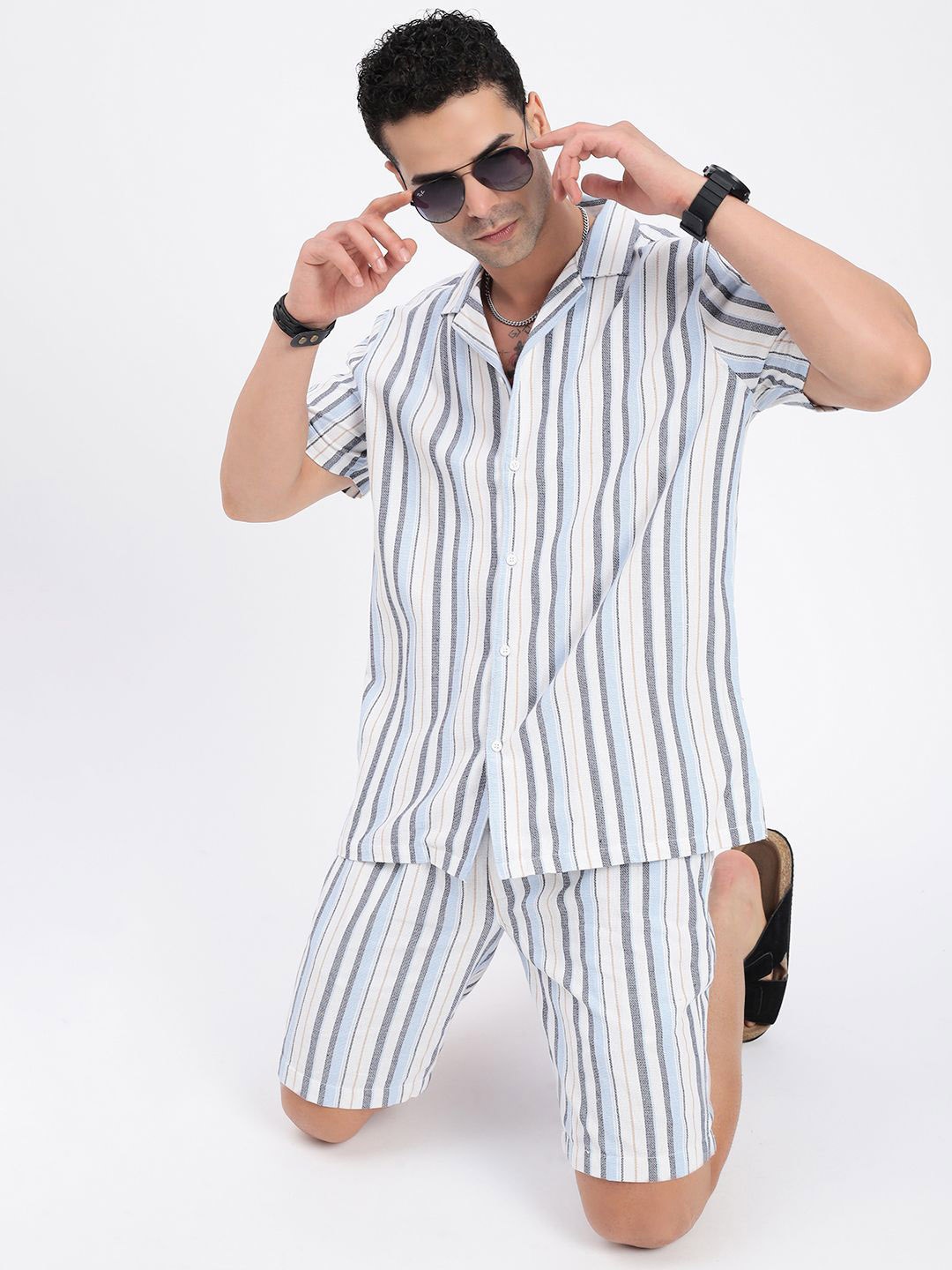 SHOWOFF Striped Shirt Collar Short Sleeves Shirt With Shorts, Blue
