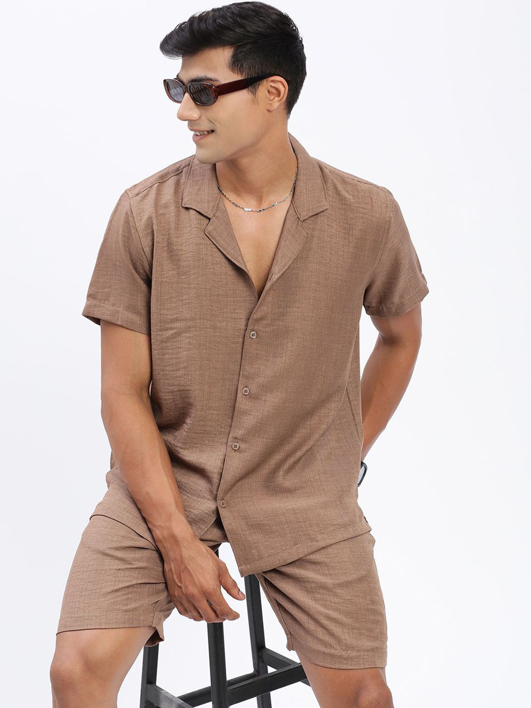 

SHOWOFF Cuban Collar Short Sleeve Shirt & Shorts Co-Ords, Brown