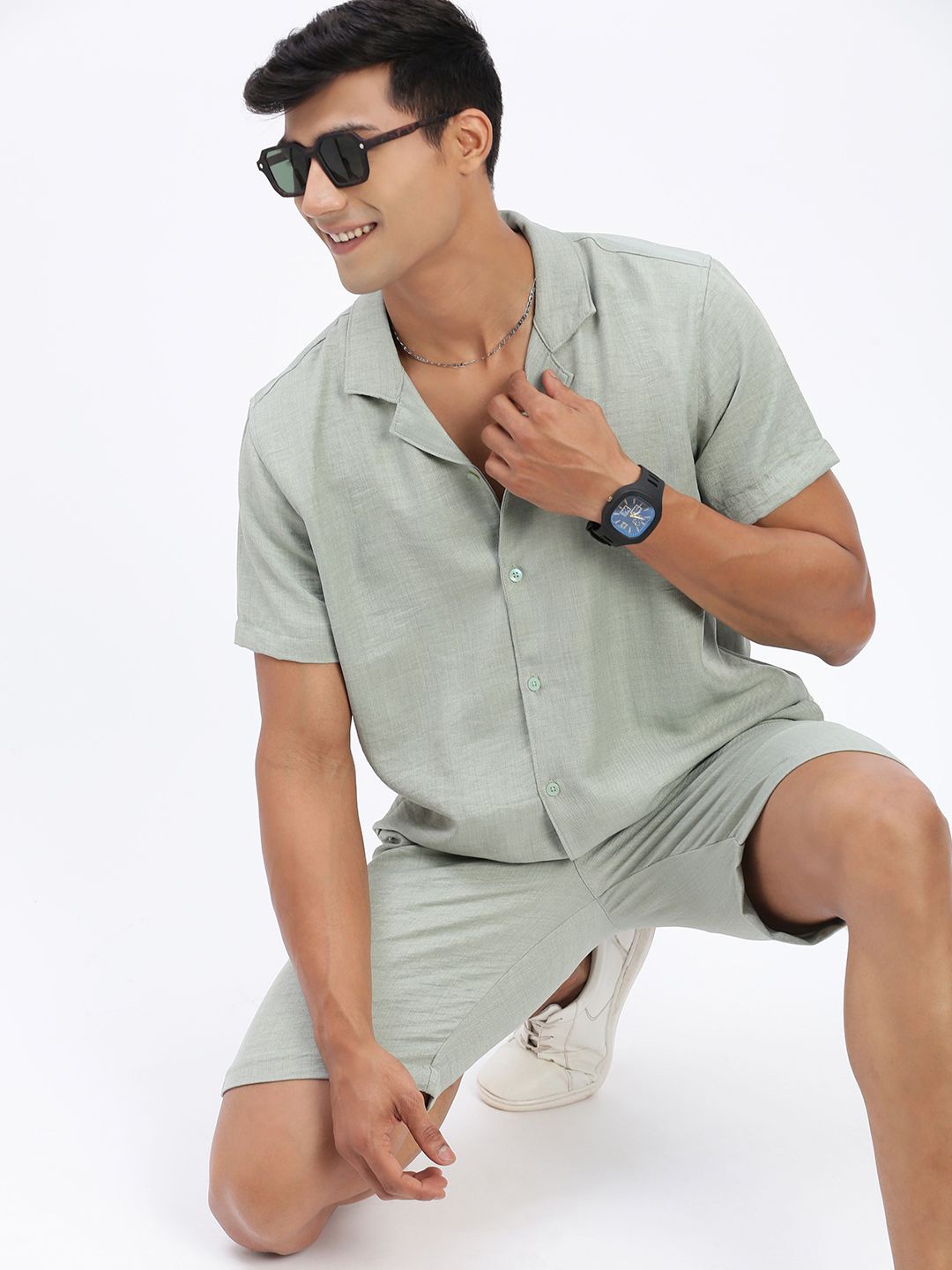 

SHOWOFF Cuban Collar Shirt With Shorts Co-Ords, Green