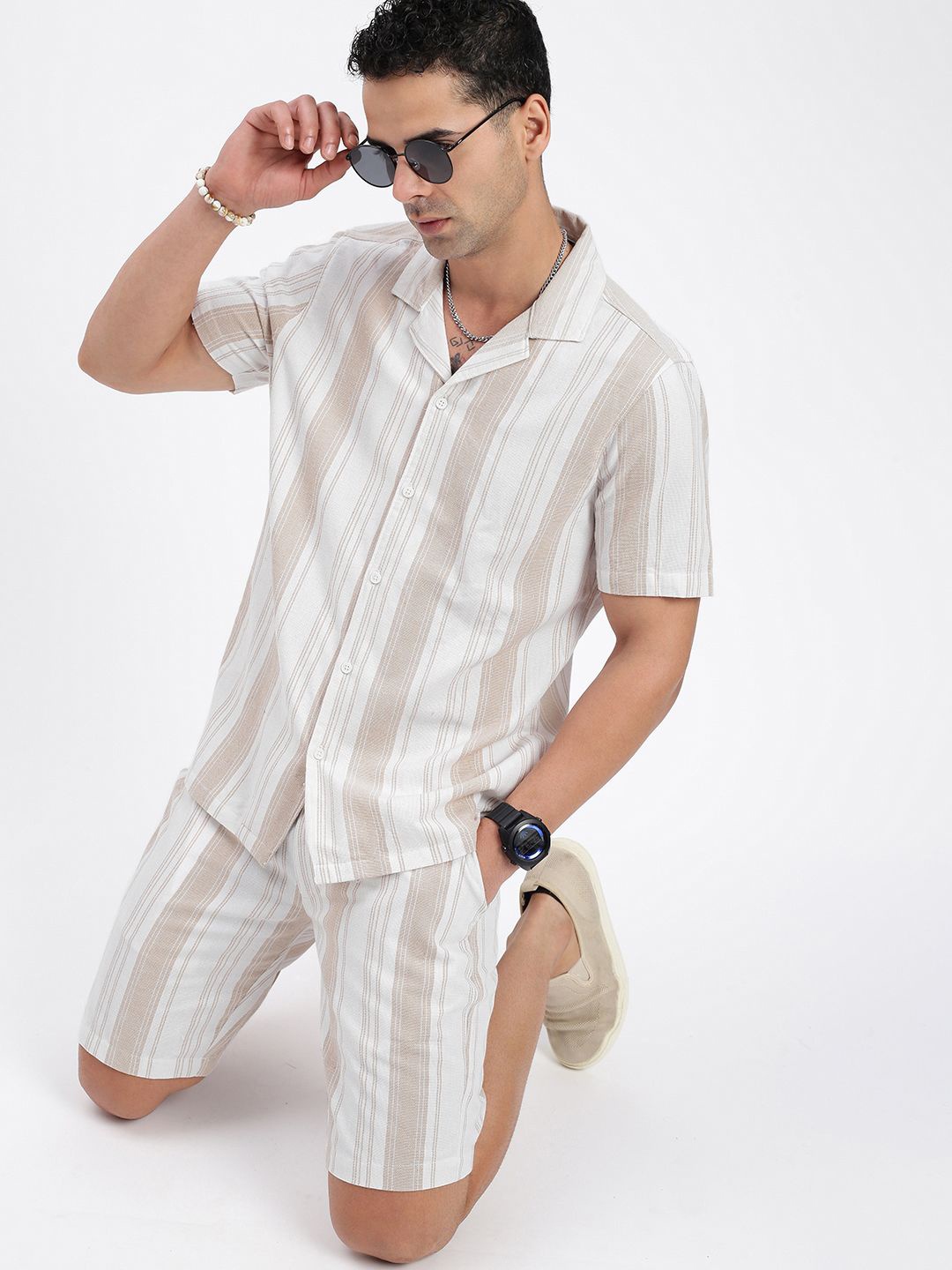 

SHOWOFF Striped Shirt & Shorts Co-Ords, Cream