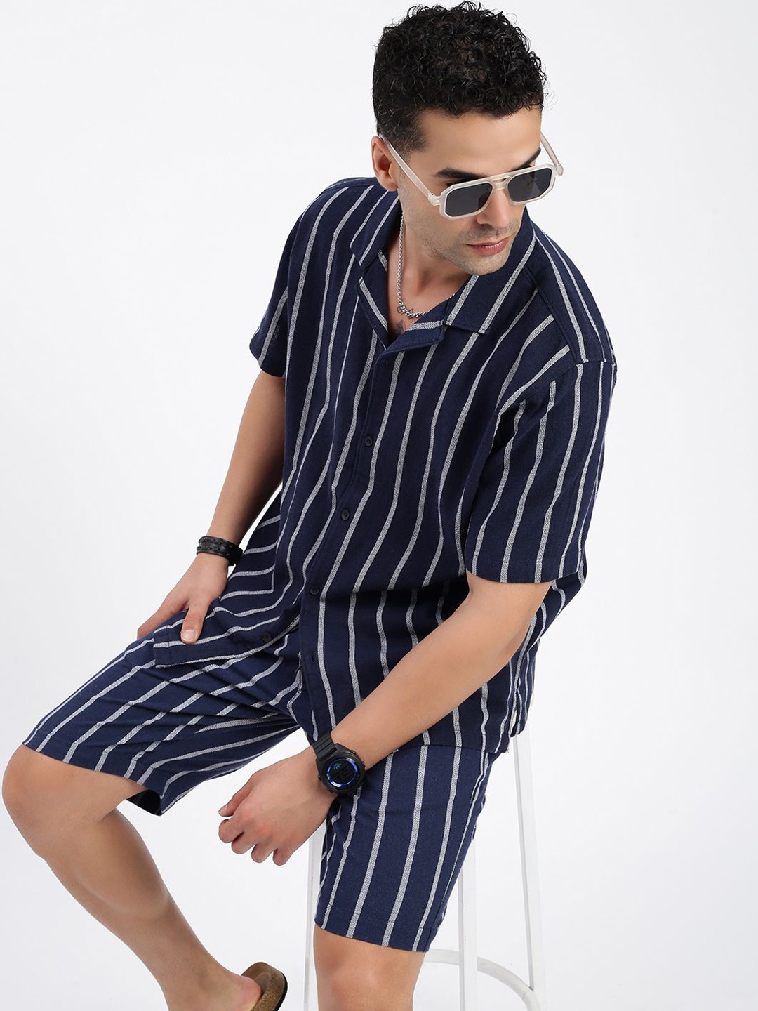 SHOWOFF Striped Shirt Collar Short Sleeves Shirt With Shorts, Navy blue