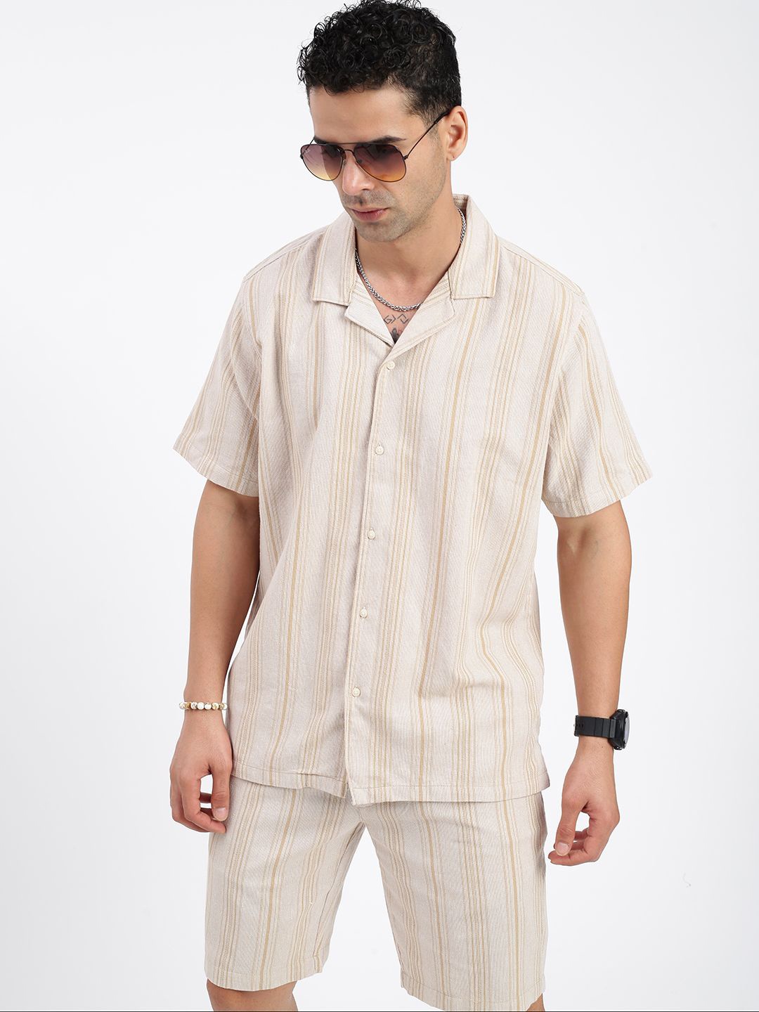 

SHOWOFF Striped Shirt With Shorts Co-Ords, Beige