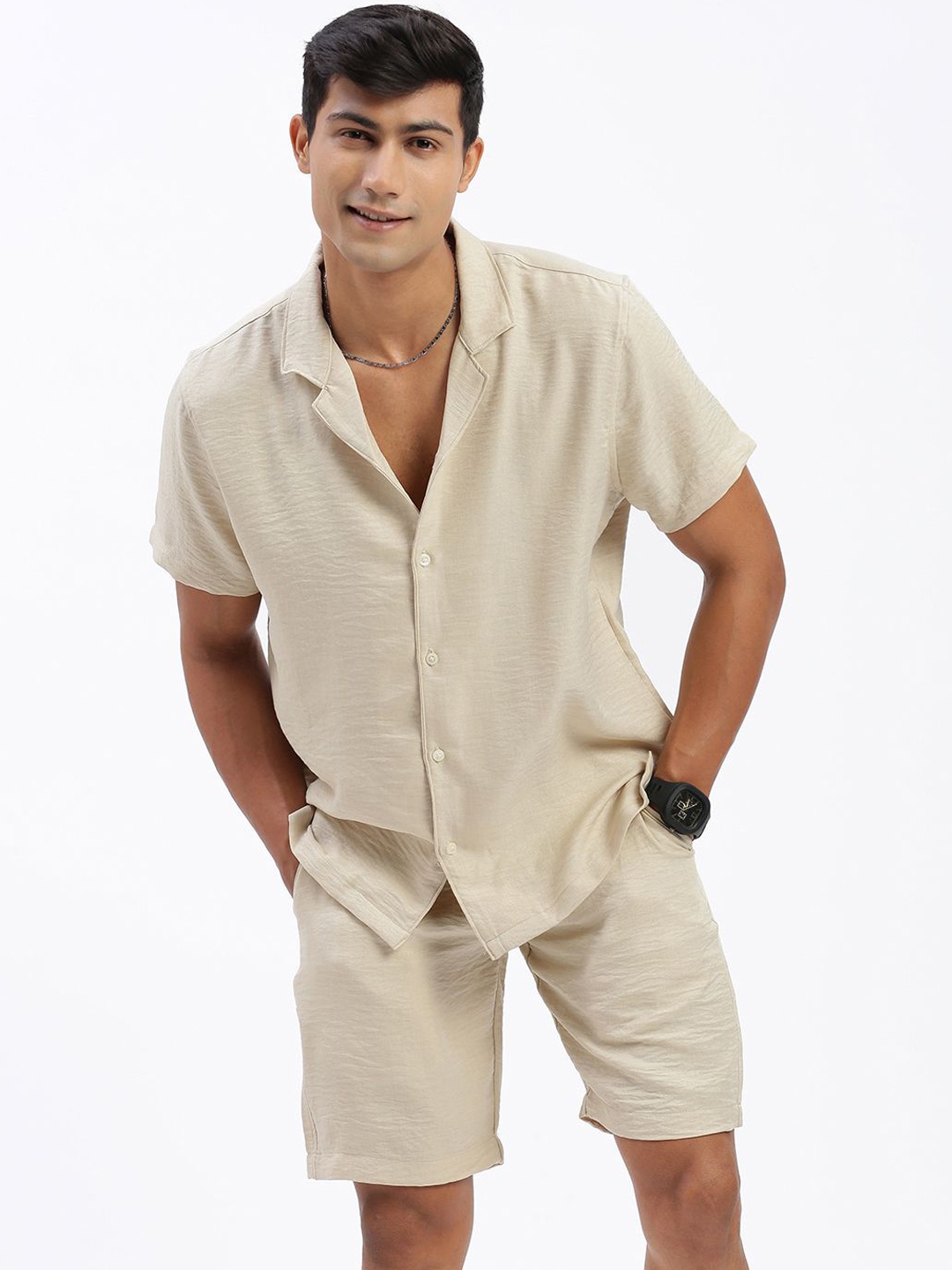 

SHOWOFF Cuban Collar Shirt & Shorts Co-Ords, Beige