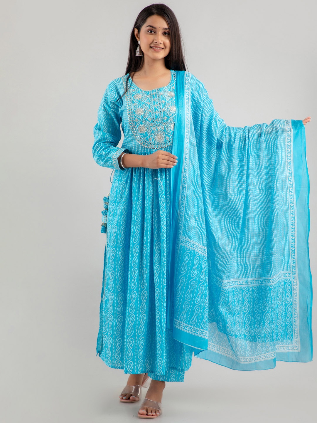 

Jasoriya Bandhani Printed Round Neck Pure Cotton A-Line Kurta With Trousers & Dupatta, Turquoise blue