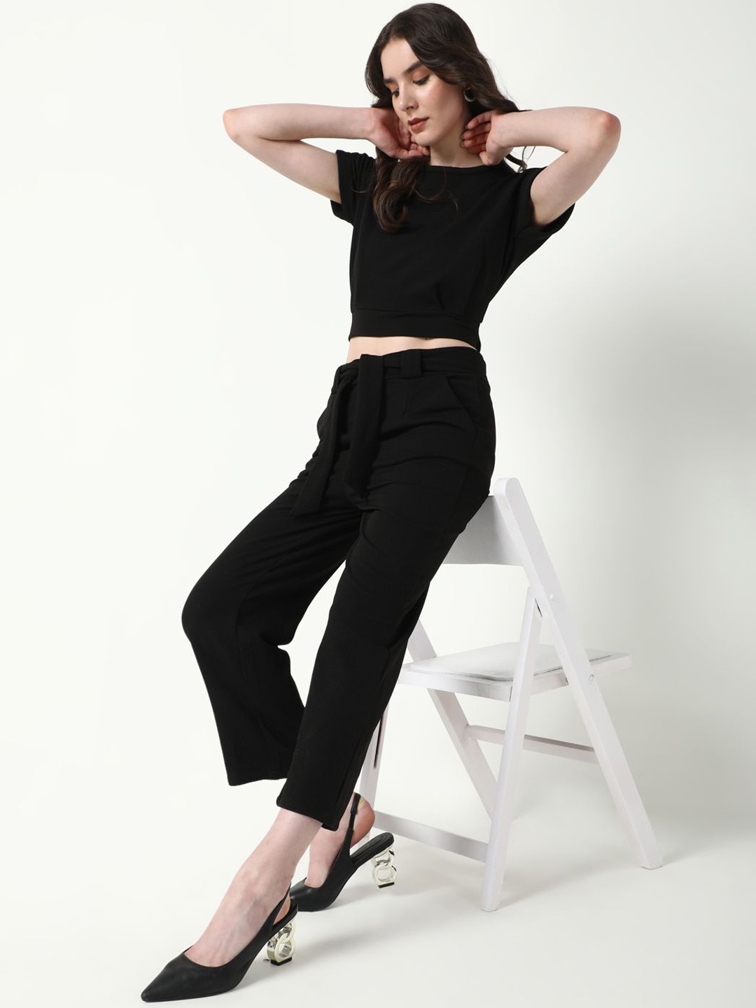 

SHOWOFF Round Neck Short Sleeves Top With Trouser With Belt, Black