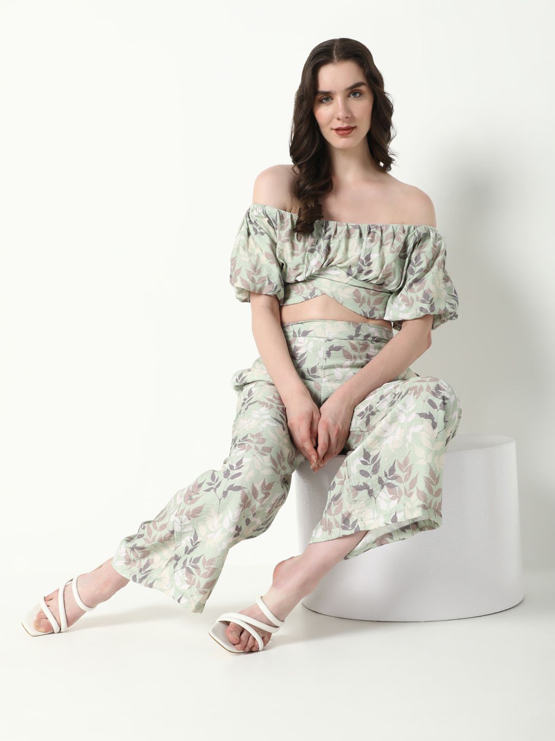 

SHOWOFF Floral Printed Off-Shoulder Short Sleeves Top & Trouser, Green