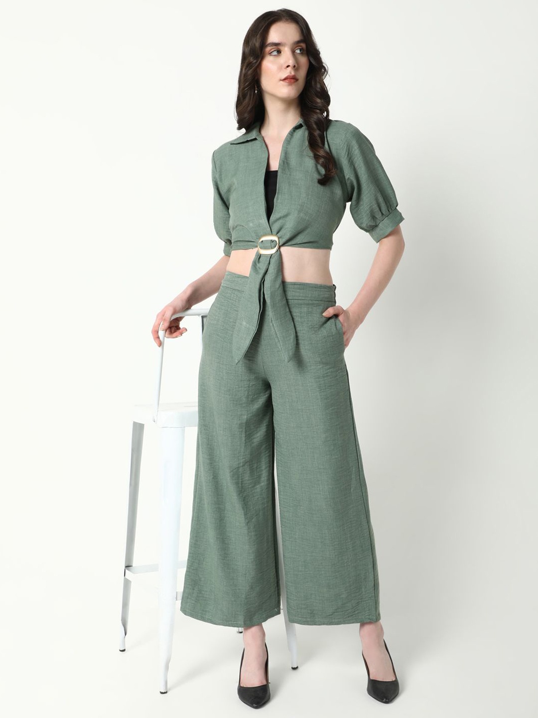 

SHOWOFF Shirt Collar Short Sleeves Top With Trouser With Tube Top, Green