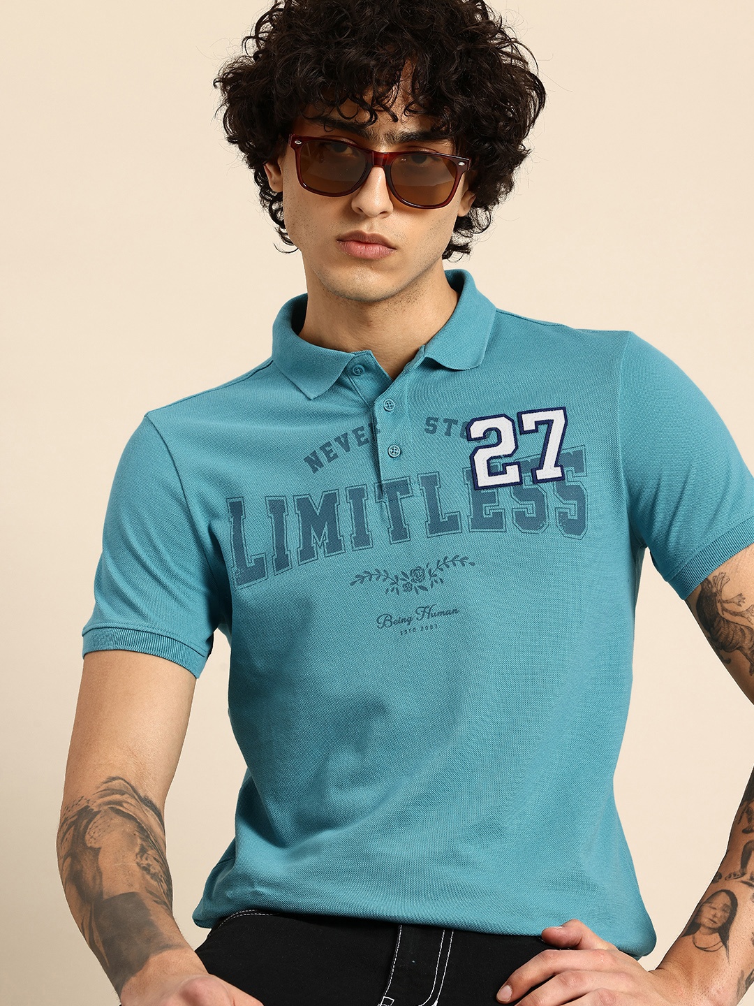 

Being Human Typography Printed Polo Collar Pure Cotton Applique T-shirt, Blue
