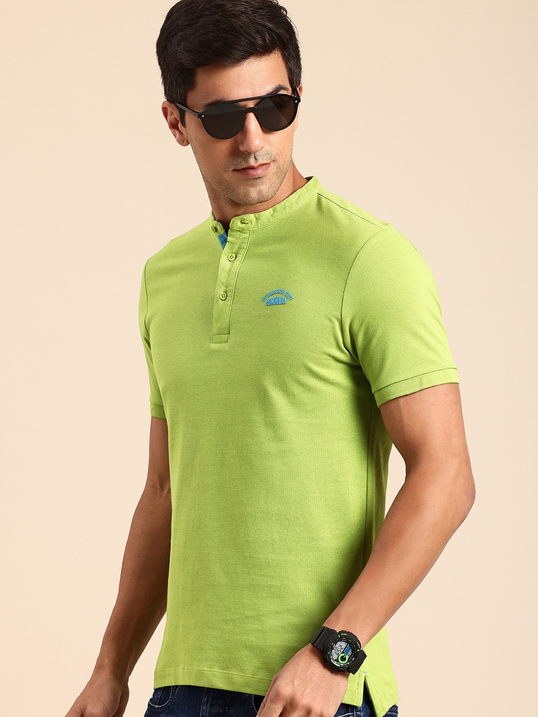 

Being Human Henley Neck Pure Cotton T-shirt, Green