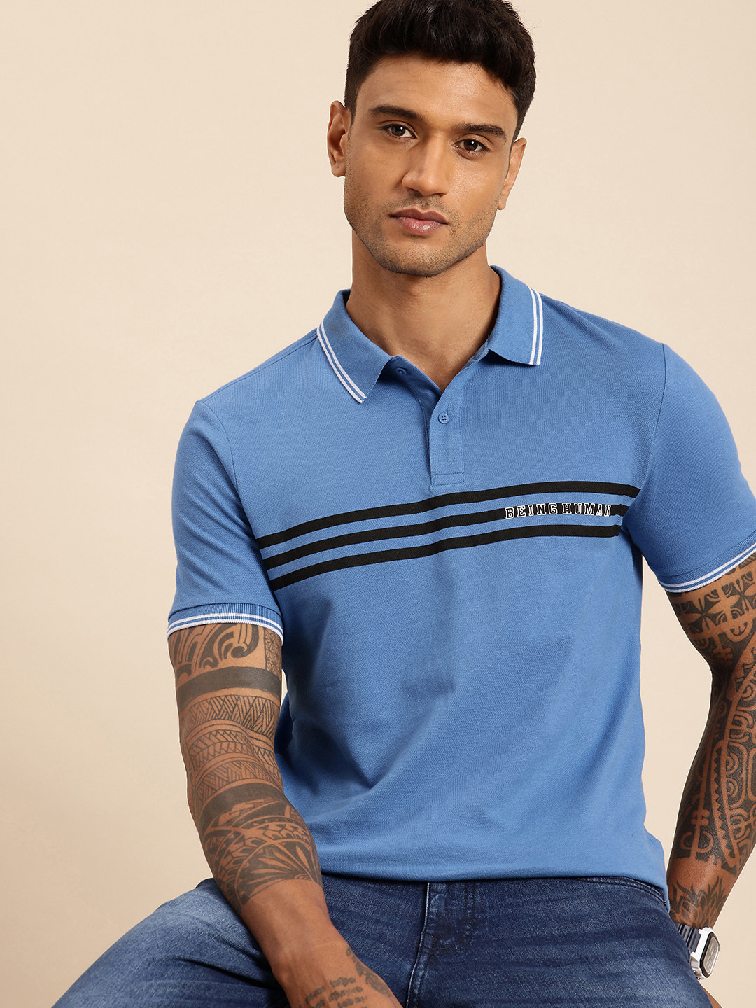 

Being Human Pure Cotton Striped Polo Collar T-shirt, Blue