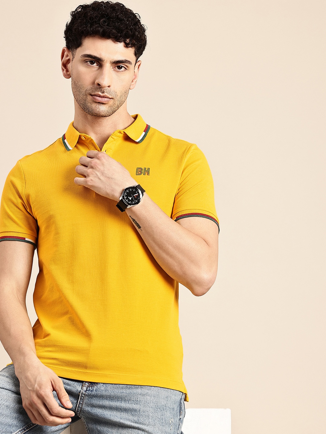 

Being Human Polo Collar Pure Cotton T-shirt, Mustard