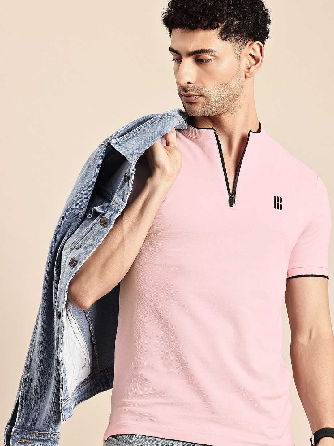 

Being Human Mock Collar Pure Cotton T-shirt, Pink