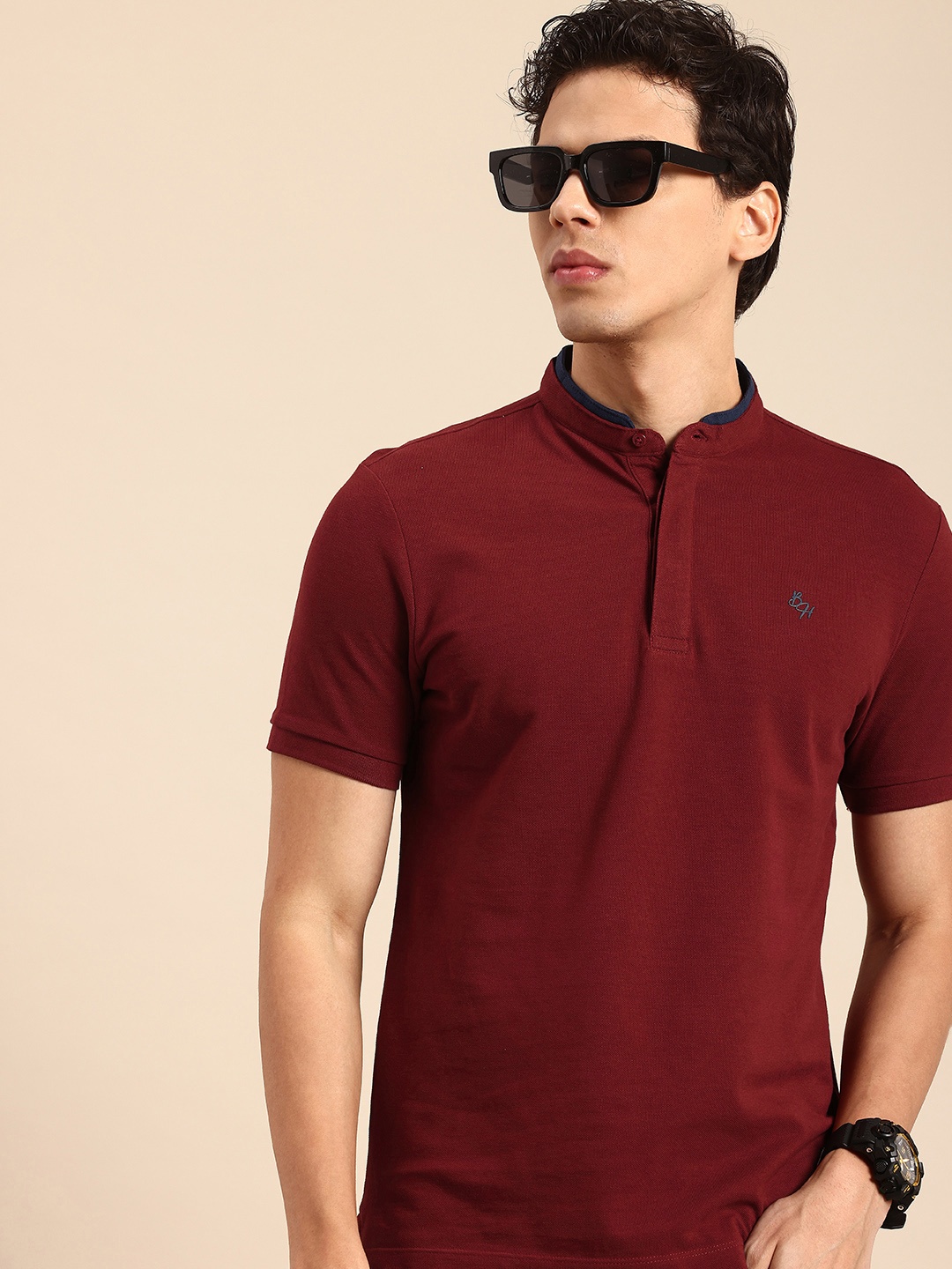 

Being Human Henley Neck Pure Cotton T-shirt, Maroon