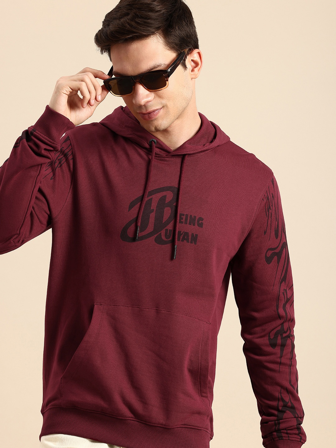 

Being Human Pure Cotton Brad Logo Printed Hooded Sweatshirt, Maroon