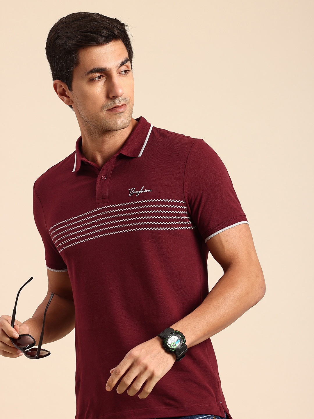 

Being Human Geometric Printed Polo Collar Pure Cotton T-shirt, Maroon