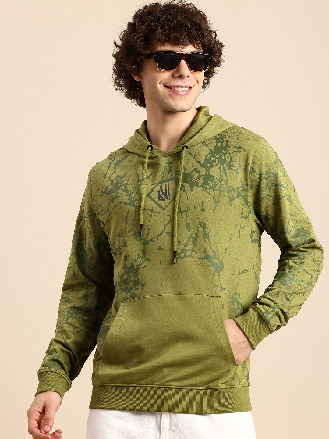 

Being Human Abstract Printed Hooded Pure Cotton Sweatshirt, Olive