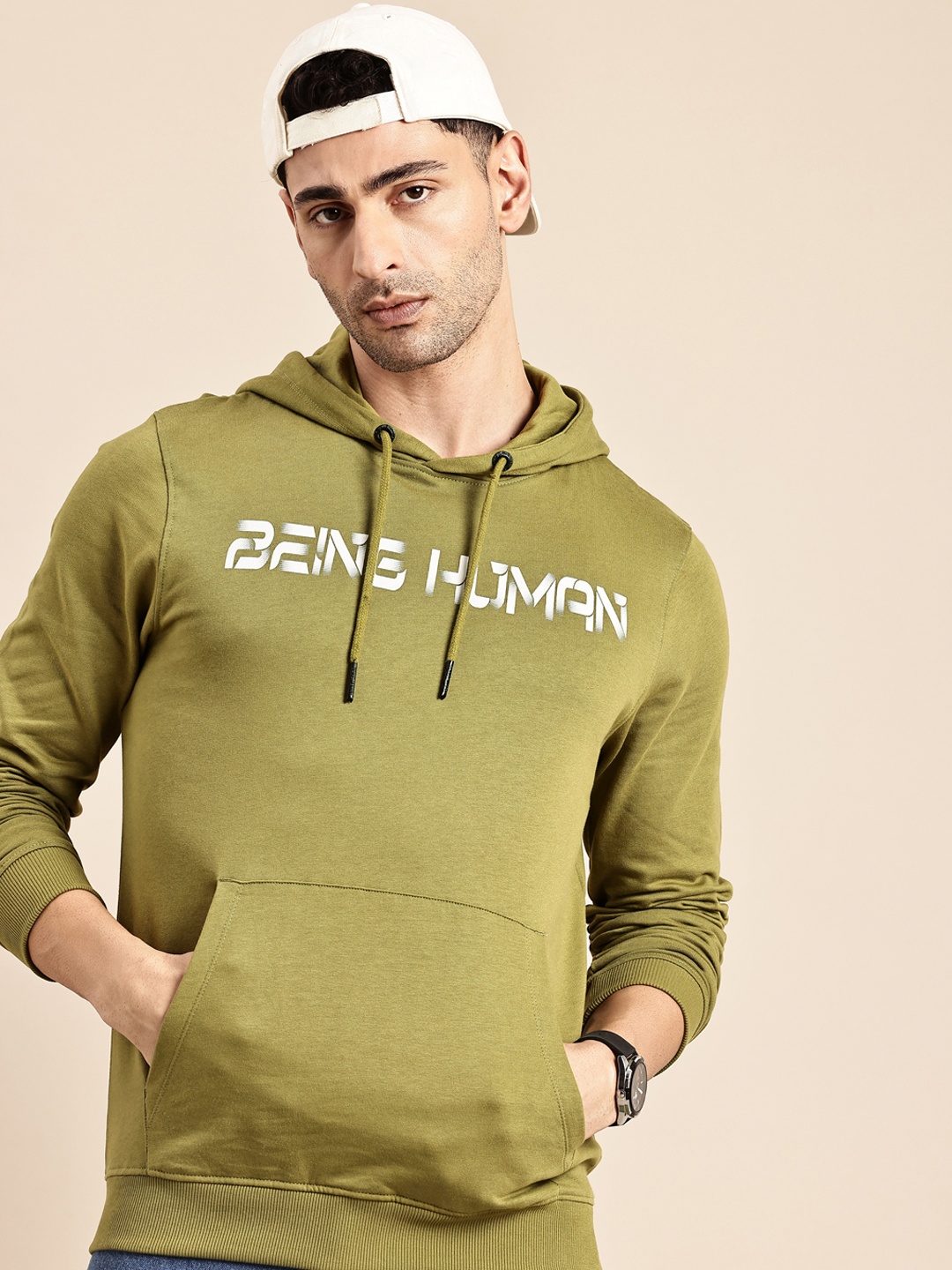 

Being Human Pure Cotton Brand Logo Printed Hooded Sweatshirt, Olive