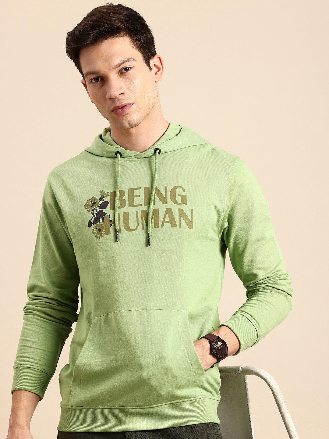 

Being Human Pure Cotton Brad Logo Printed Hooded Sweatshirt, Green